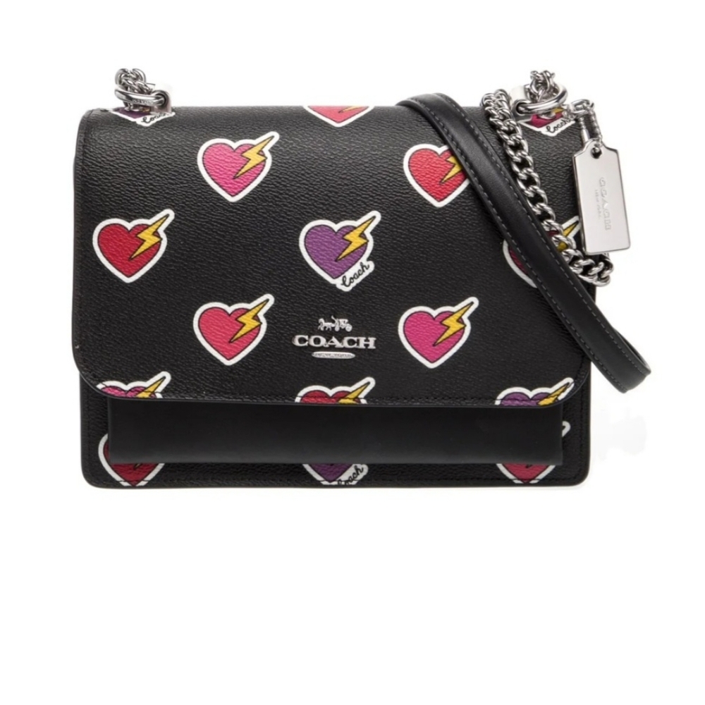 Coach Black Heart Print Crossbody Bag with Silver Chain